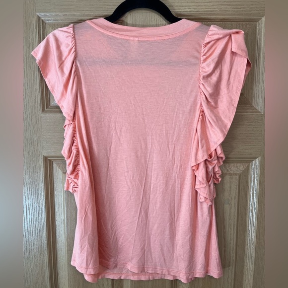 By Anthropologie Coral Pink Ruffle Flutter-Sleeve Tee Small - Picture 8 of 9
